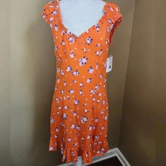 Free People Like a Lady Orange Citrus Floral Mini Dress Lace Up Back S NWT - Picture 6 of 16